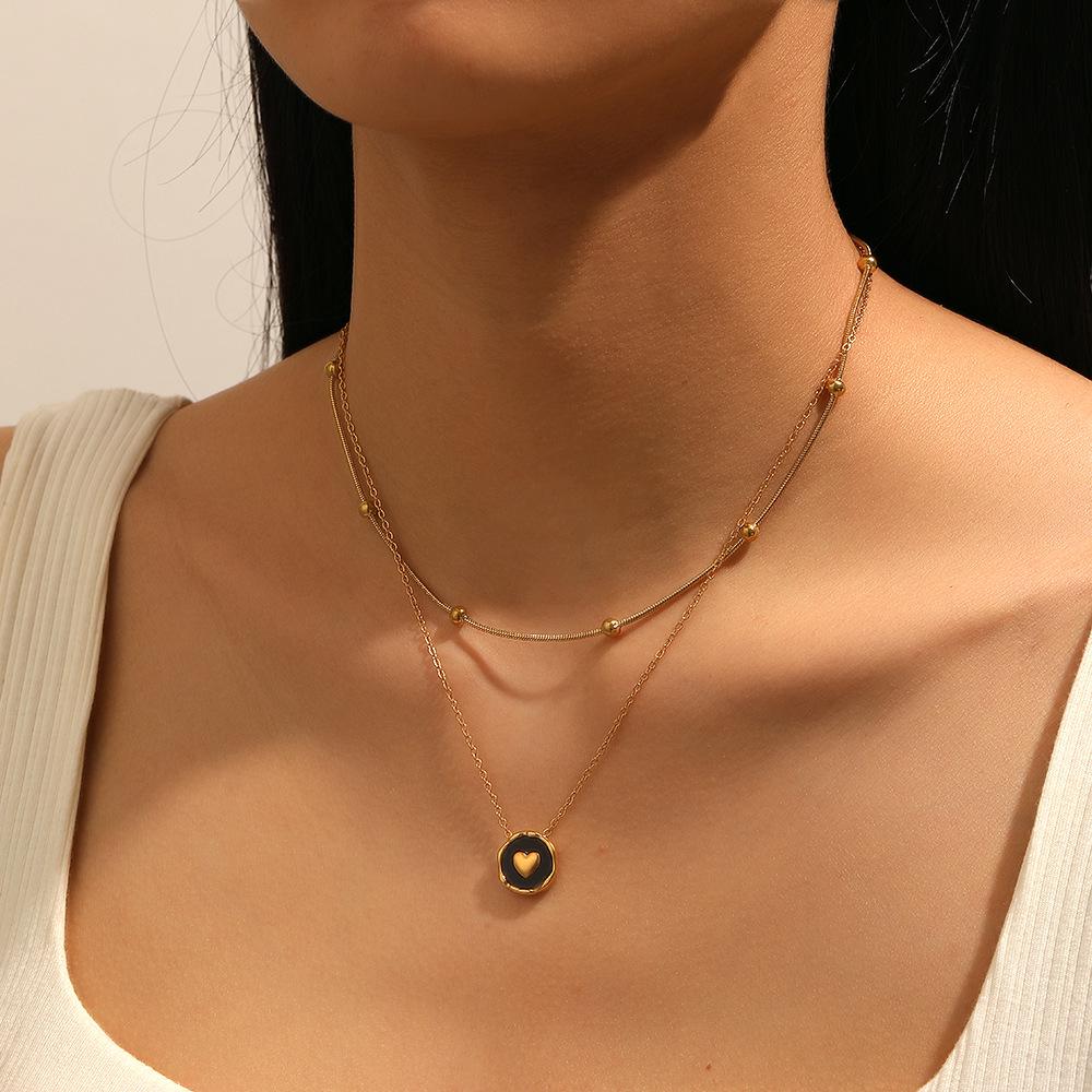 Double Layer Heart & Snake Steel Beads Necklace - Fashion Titanium Steel with Black Shell Peach Heart for Women