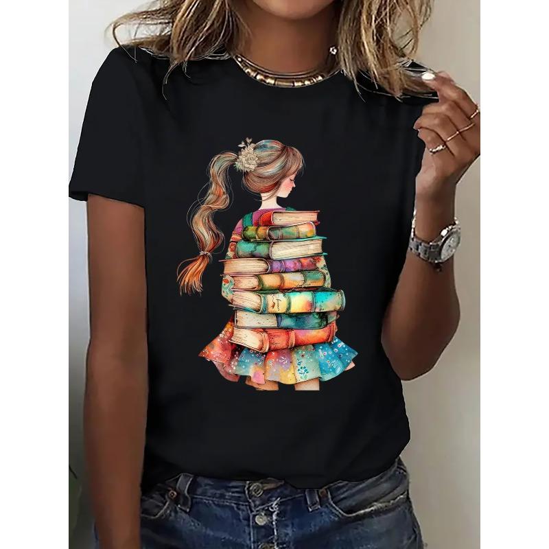 Women s Pink Book Stack & Bookworm Print T-Shirt - Vintage Book Lover Design with Braided Hair & Glasses S чёрный