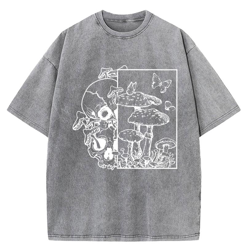 Skeleton Growing In Mushrooms Butterfly Print Washed T Shirt Women Summer Clothes Trendy O-Neck Tops Cotton Streetwear