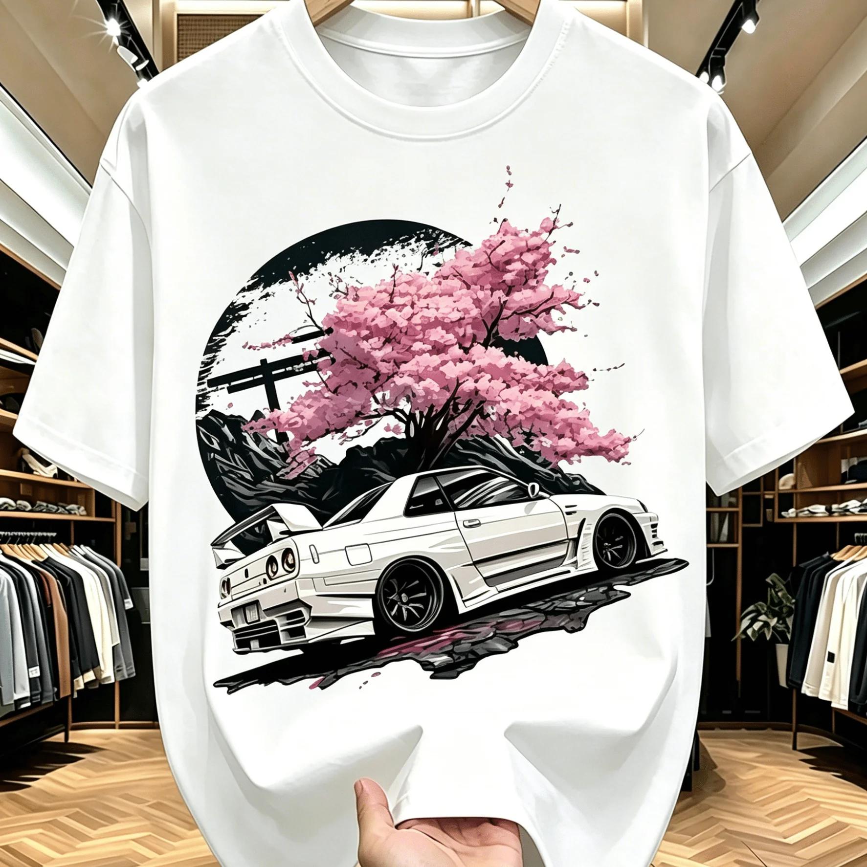 Men s 100% Cotton JDM Cherry Blossom Print T-Shirt Fashionable Casual Street Style Top Everyday Essential S разноцветный