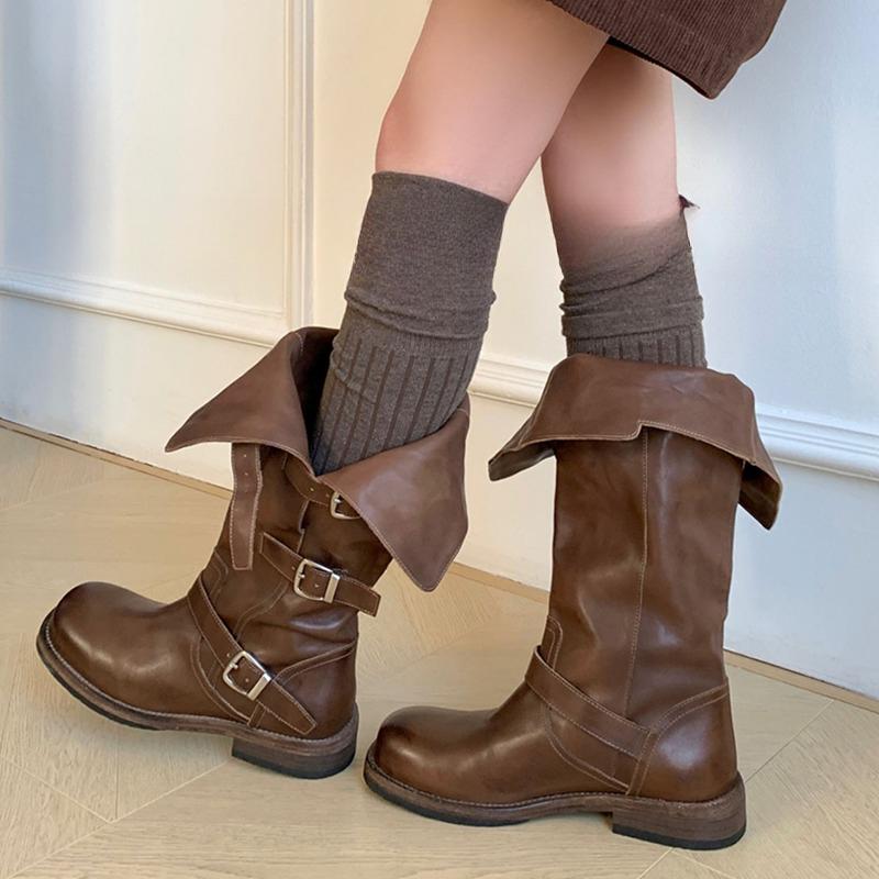 

High-end Flats Women s High Boots Designer Knee High Leather Shoes Winter Fashion Chelsea Boots Trend Buckle Gothic Mujer Botas 35 коричневий