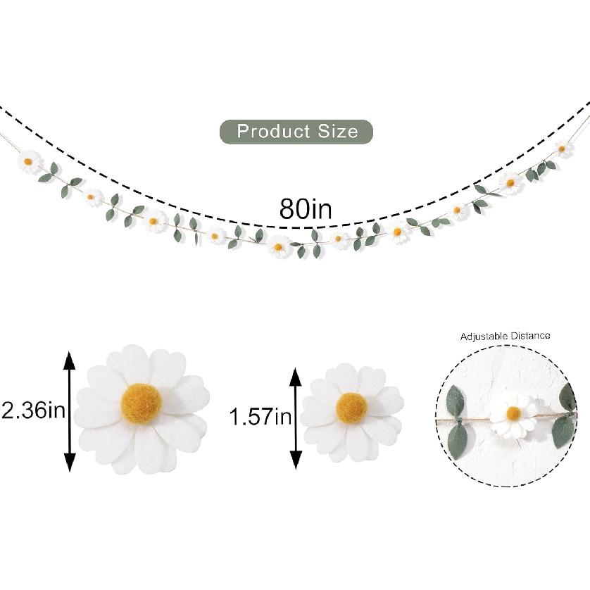 Wool Felt Daisy Chain Banner Garland - Daisy 1st Birthday Decorations,Daisy Themed Party Decorations,Nursery Wedding Decoration,White Wool Felt Daisy