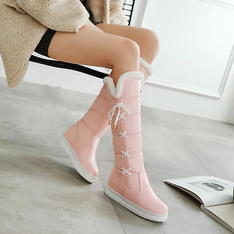Winter Plush Warm Women Boots Comfortable Flat Knee High Boots Zipper Snow Boots Women Black White Pink Big Size 41 42 43