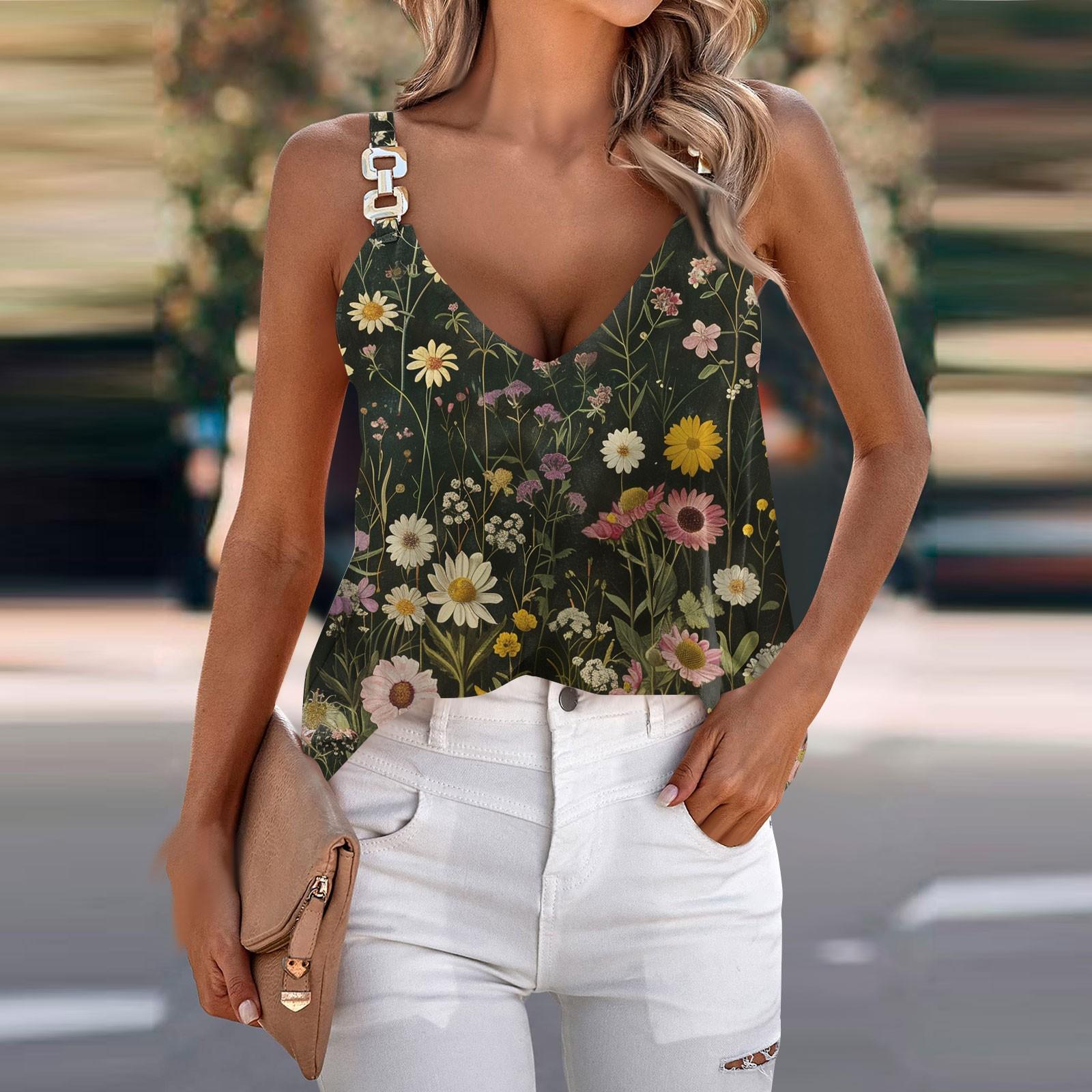 

Женские летние топы на бретелях, повседневные свободные топы без рукавов с V-образным вырезом и принтом XL