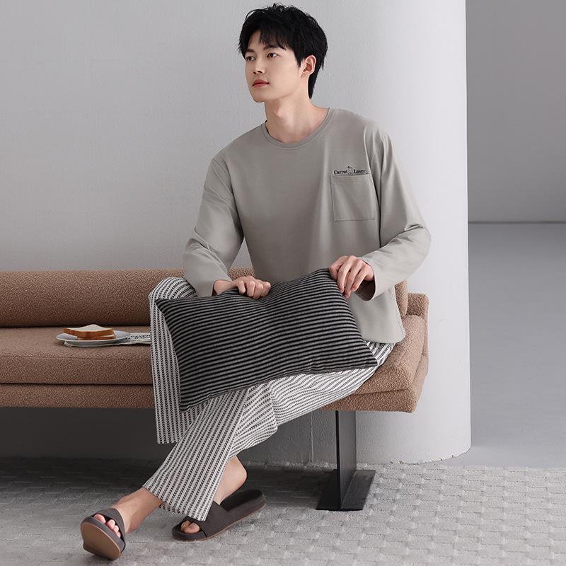 Men's Sporty Lycra Cotton Pajama Set - Long-Sleeved Pullover and Long Pants for Casual Homewear (Spring/Autumn)