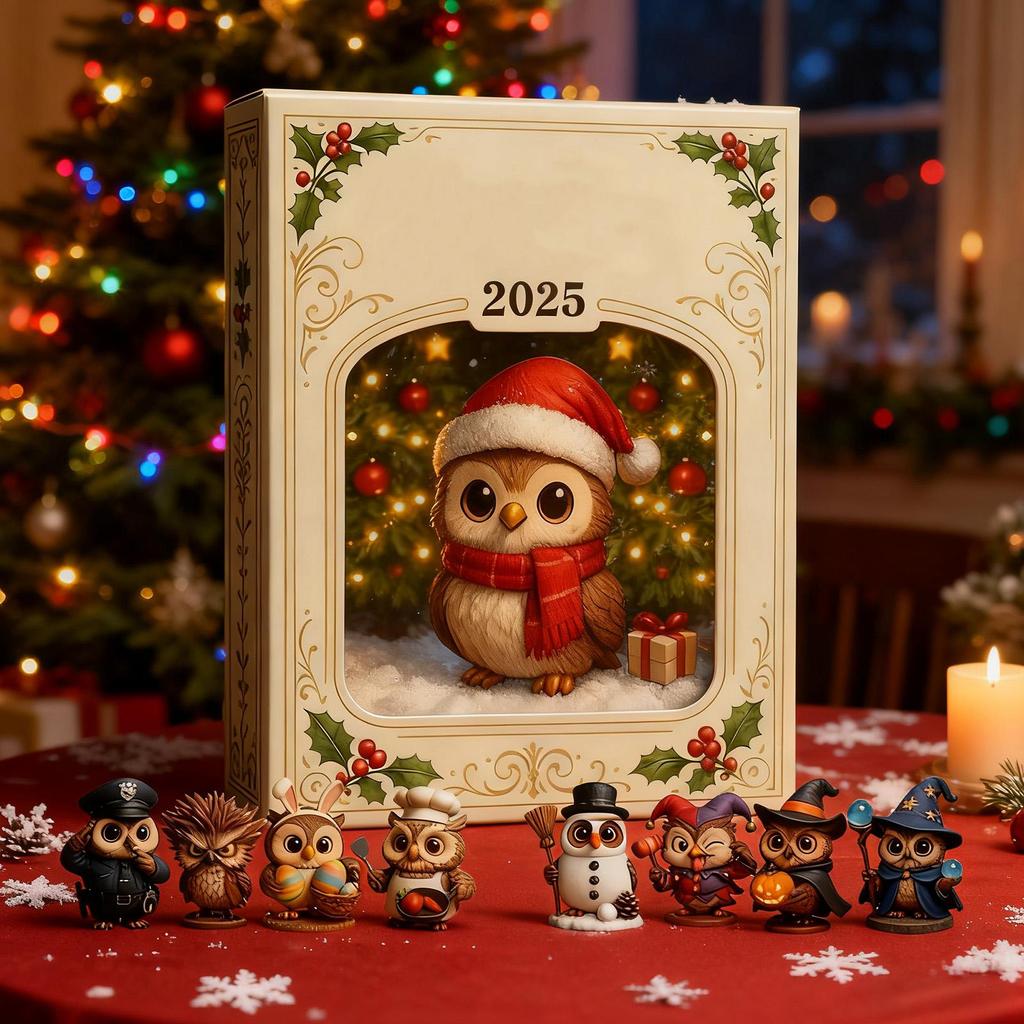2025 Weihnachts-Countdown-Kalender 2D Flaches Acryl Ornament mit Tiermotiv 24 Tage Eulen-Ornament Countdown-Kalender für Männer Frauen