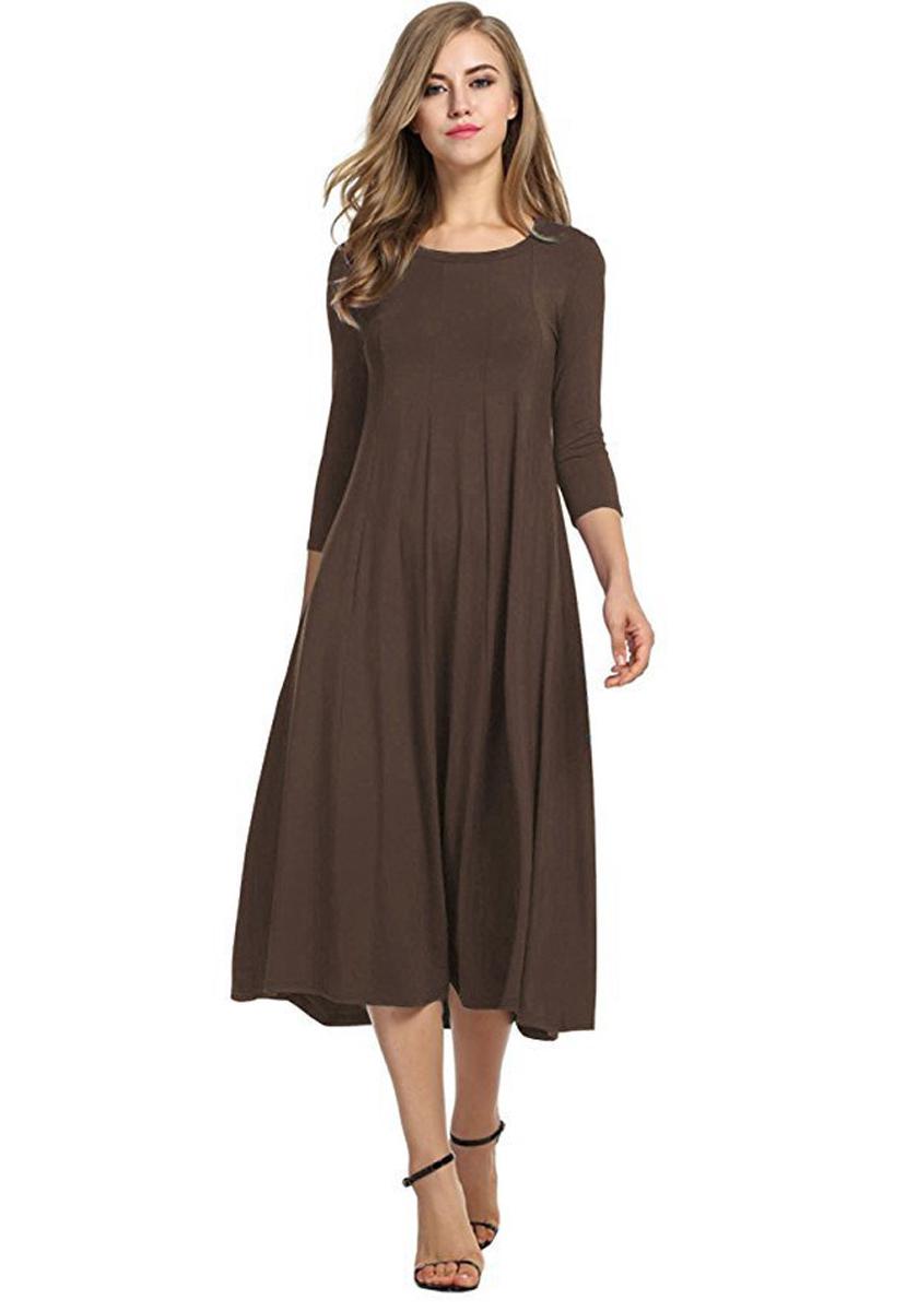 

2023 European & American Spring/Autumn Mid-Sleeve Solid Color Round Neck Dress with Flared Hem L