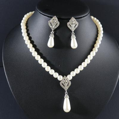 Jewelry Set Pearl Earrings Bridal Accessories Rhinestone Necklace Fashion Wide 2-Piece Set Alloy
