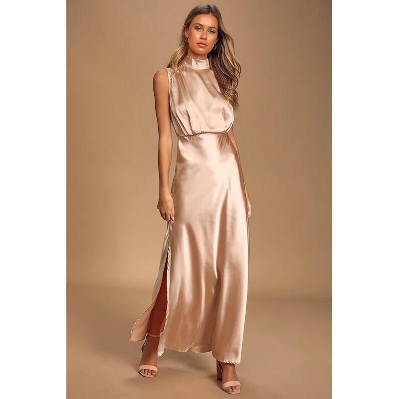 

Модное банкетное платье с воротником-стойкой из гладкой ткани Rose powder M