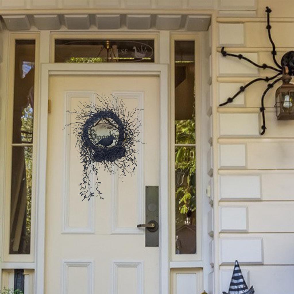 Simulation Crow Wreath Door Hanging Wreath Rattan Ring Horror Party Decoration 45CM
