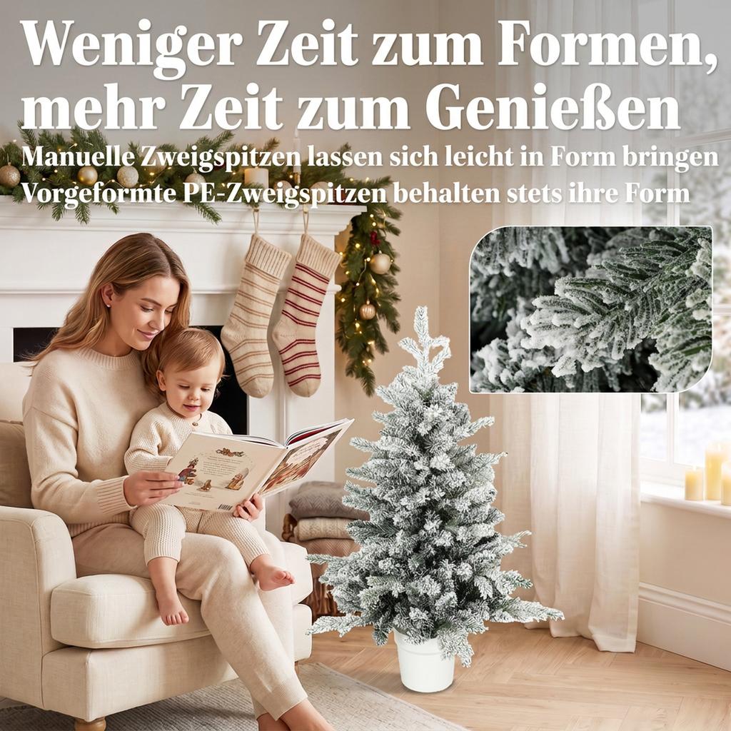 Mini 90 cm Christmas Tree with 296 Branch Tips Snow Effect Pot, Mini Tabletop Tree for Home Office, White