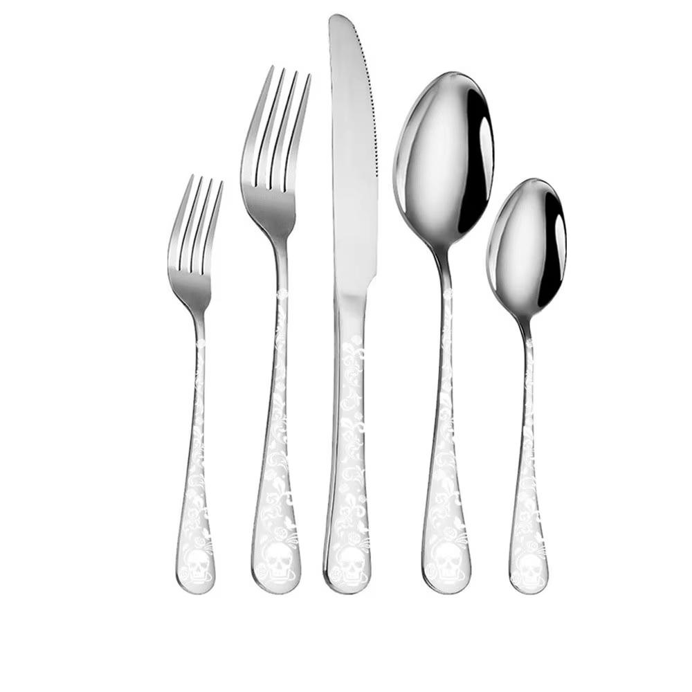 5-teiliges Besteckset Geschirr Edelstahl Gotisch Löffel Gabel Messer Halloween Totenkopfmuster Essgeschirr Westliches Besteckset