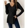 This Women's Elegant Long-sleeve Striped Knit Top with V-neck T-shirt Is Made of Polyester and Has A Fitted Style, Spring Collection