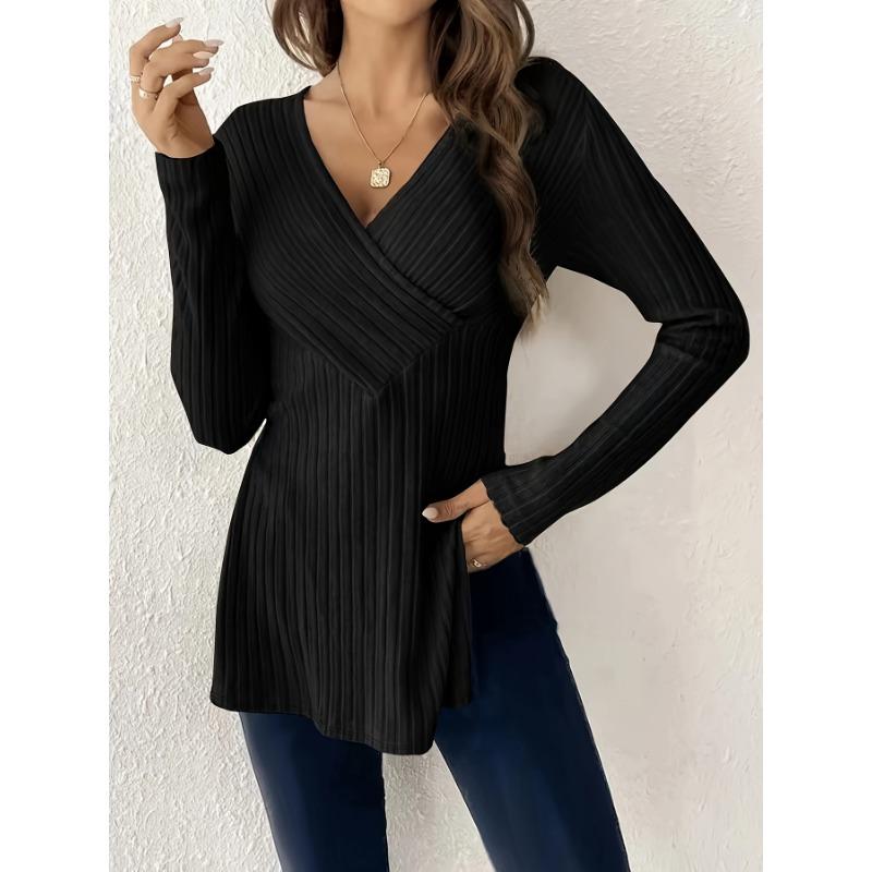 This Women's Elegant Long-sleeve Striped Knit Top with V-neck T-shirt Is Made of Polyester and Has A Fitted Style, Spring Collection