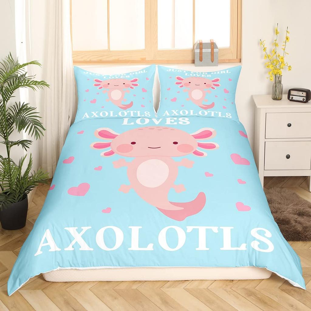 Cartoon Axolotl Duvet Cover Set King/Queen Size Kids Girls Boys Cute Rainbow Sea Wildlife Animal Reptile Bedding Set