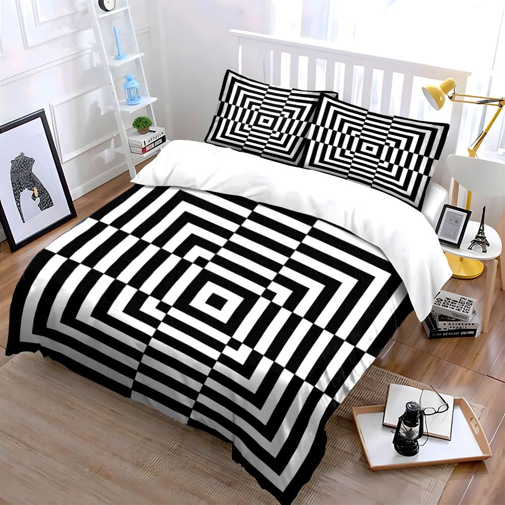 """Geometrisches Schwarz-Weiß-Dekor-Set" Bettwäsche-Set mit 1 Bettbezug 2 Kissenbezügen Einzelne Doppel King Queen, Geschenk"""