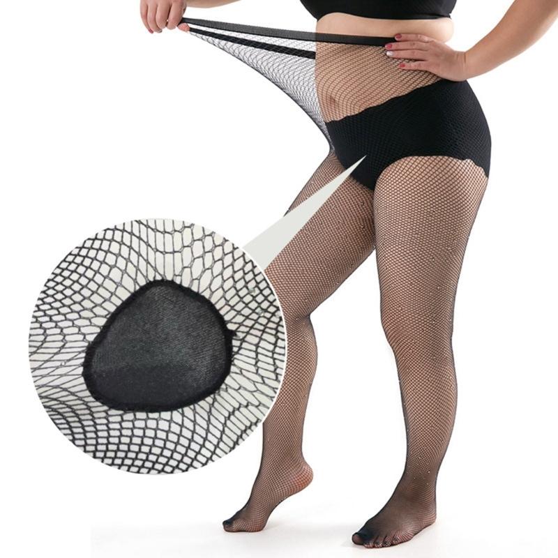 Women's Sparkling Crystal Large Size Fishnet Pantyhose Stretch Nylon Stockings Rhinestones Mesh Tights For Evening Wear