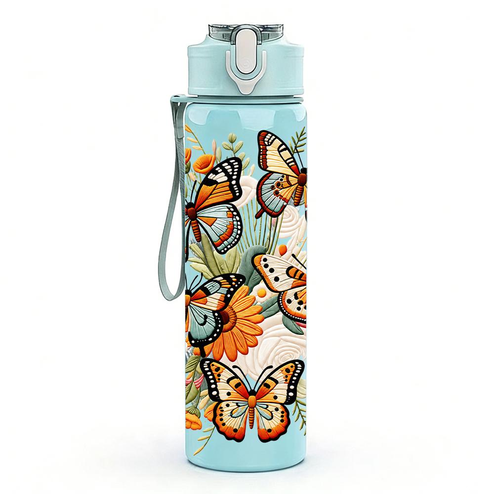1PC Vintage Butterfly Bouquet 750ml Color Plastic Sports Water Bottle Leakproof Flip Straw Lid Suitable for Sports Office Home Use