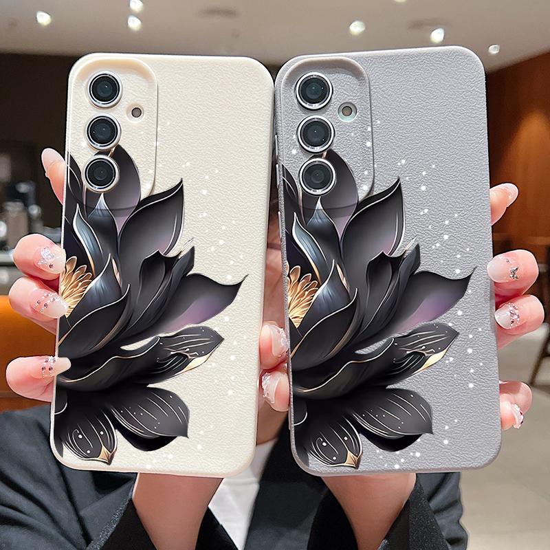 Black Lotus Pattern Case For Samsung Galaxy S24 S25 Ultra Edge S23 Plus S22 S21 FE A34 A54 A15 A35 A55 A16 A26 A36 A56 5G Capa