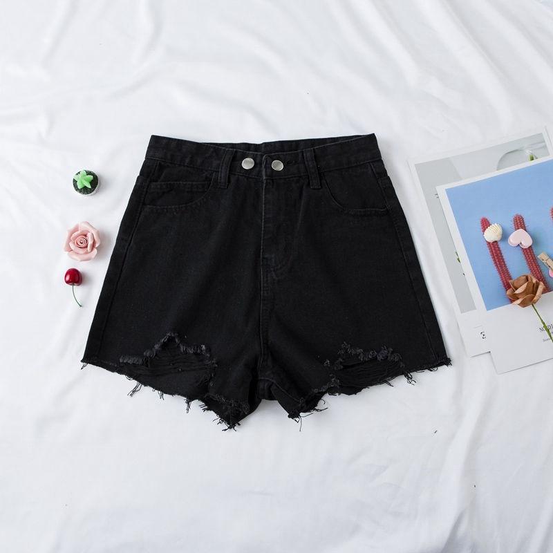 Pants Fashion Versatile Broken Holes Female Black Gray High-waisted Loose Thin A-line Wide-legged Pants Raw Edge Summer Denim Shorts Individuality