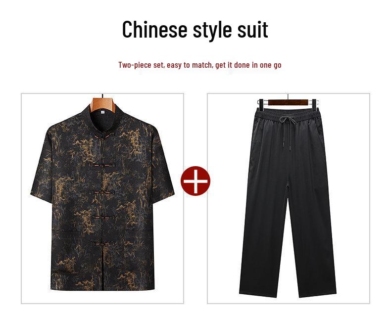 Mid-aged Men's Chinese Style Short-sleeve Summer Suit - Two-piece Set