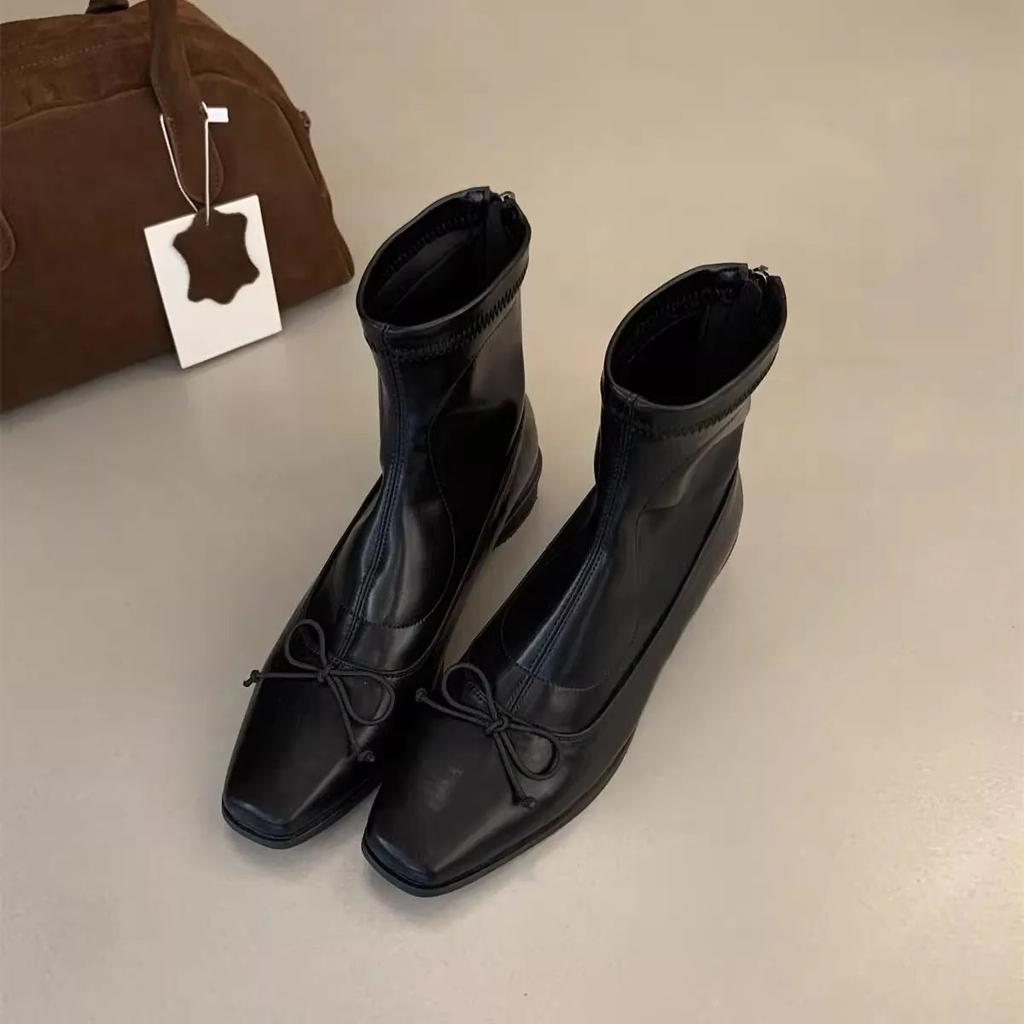 TRAF Womans Black Leather Short Boots Vintage Square Head Back Zip Short Tube Boots 2024 Autumn Lady Commuter Simple Short Boots