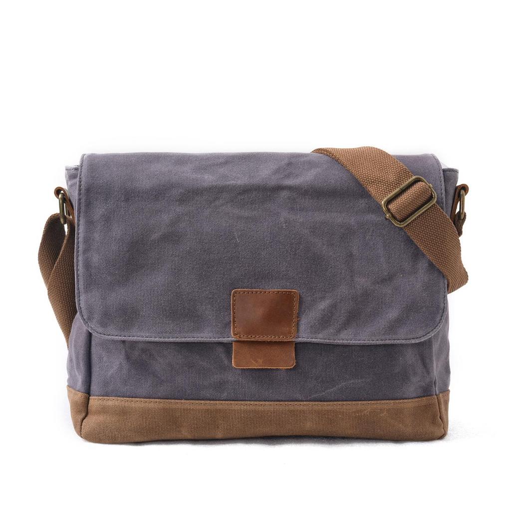 Waxed Canvas Patchwork Crossbody Bag - Top Grain Cowhide, Waterproof, Retro, Casual Men's Shoulder Bag