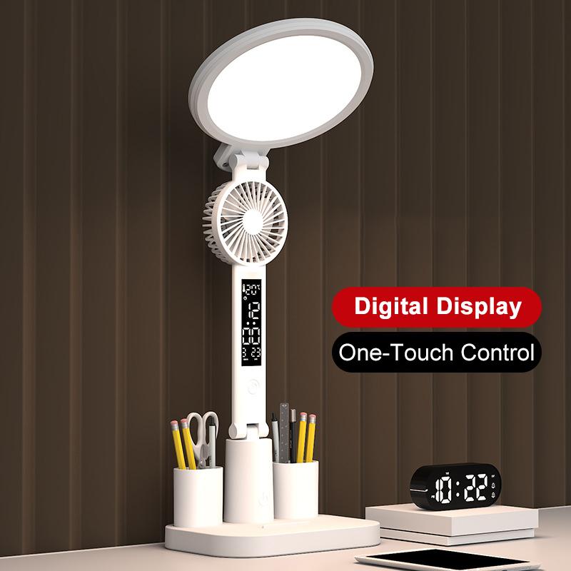 Night Light LED Clock Table Lamp USB Chargeable Dimmable Desk Lamp Plug In LED Fan Light Foldable Eye Protection  Clearance