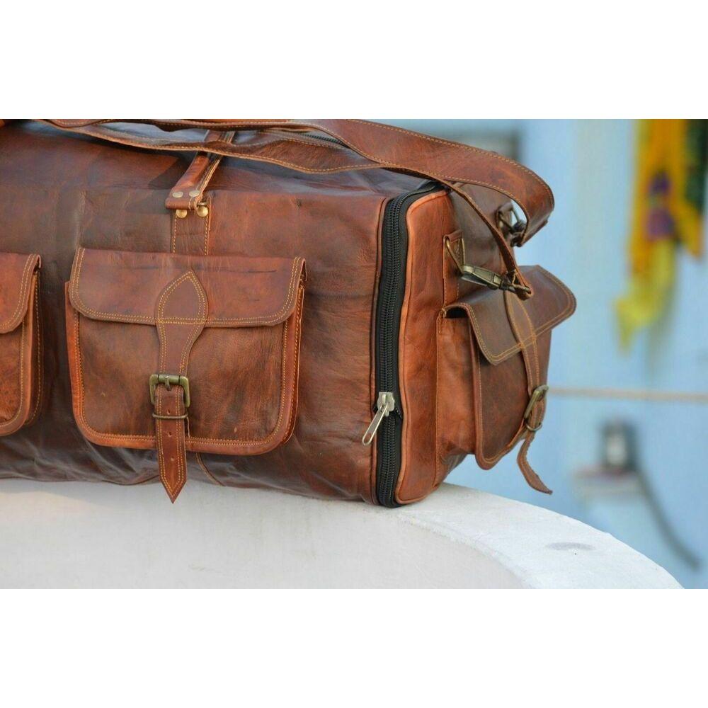 Men's Gym Goat Leather Luggage Travel Genuine Brown Overnight Duffle