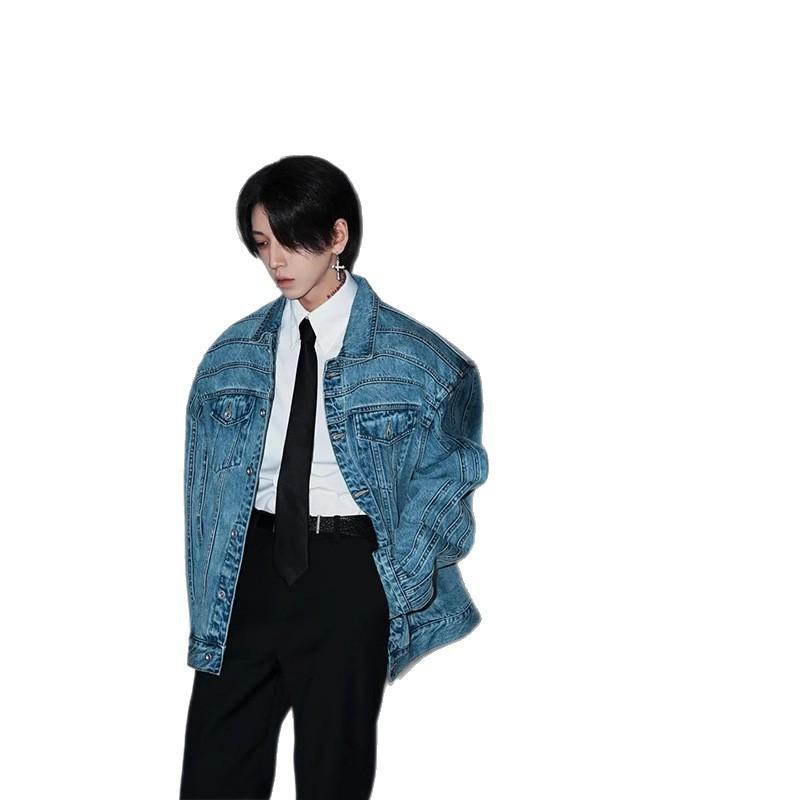 Mens Vintage Washed Blue Denim Jacket Short Padded Shoulder Spliced Design Casual Streetwear