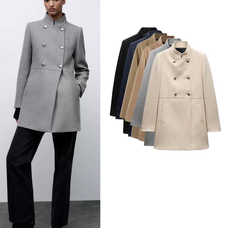 Fall and Winter New Women's Clothing Gold Button Decoration Wool Blend Double Breasted Stand Collar Coat Outwear 9037141