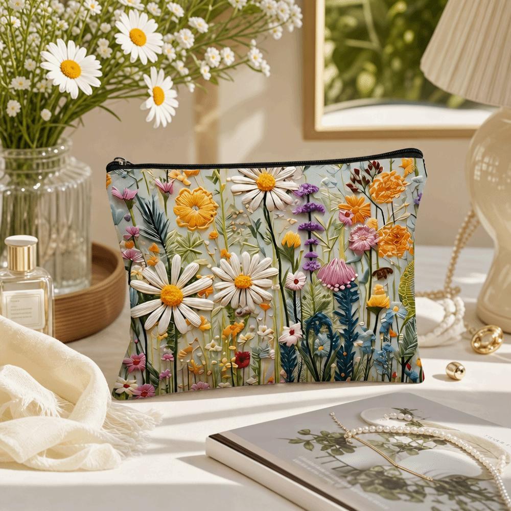 Floral Toiletries Organizer Canvas Double-sided Printed Flower Makeup Bag Zipper Pouch Large Capacity Cosmetics Storage Bag