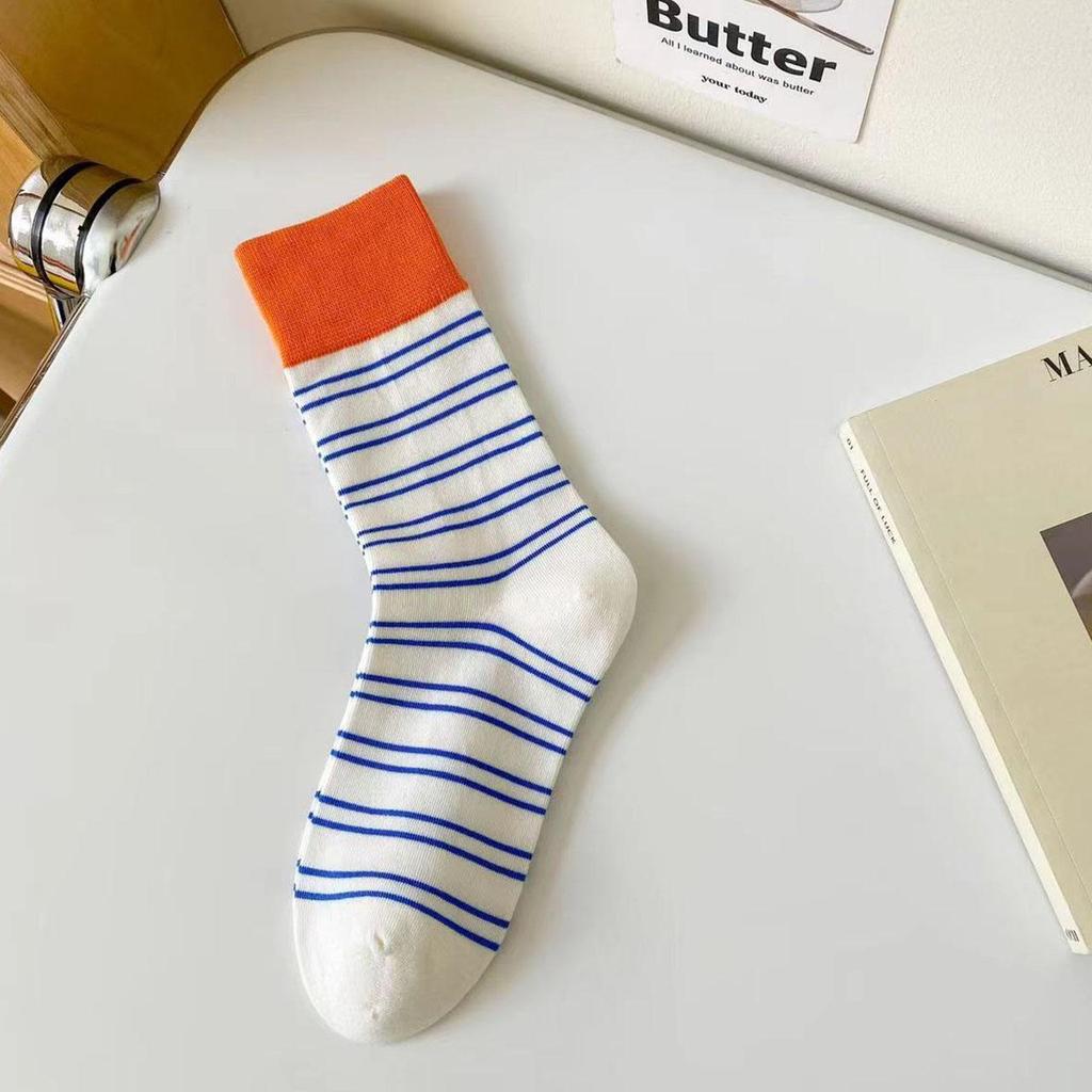 Korean Fashion Striped Socks for Women Spring Summer Soft Cotton Elastic Breathable Mid Tube Socks Girls Casual Socks