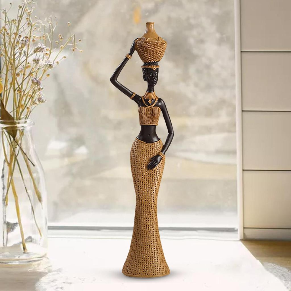 Africian Women Figurine Tabletop Sculpture Hand Painted Retro Woven Pattern Brown Decoration for Living Room Lightweight