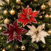 Decorative Christmas Flower Picks Artificial Flowers, Handmade Bead Cluster Poinsettia Velvet with Gold Glitter Fabric Festive Poinsettias