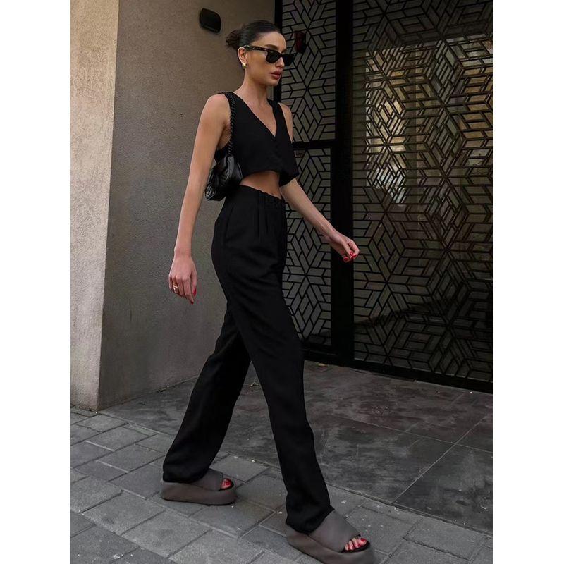 Fashion Summer Pure Color V-neck Midriff-Baring Vest Pants Suit Short Tank Top and Pants Set