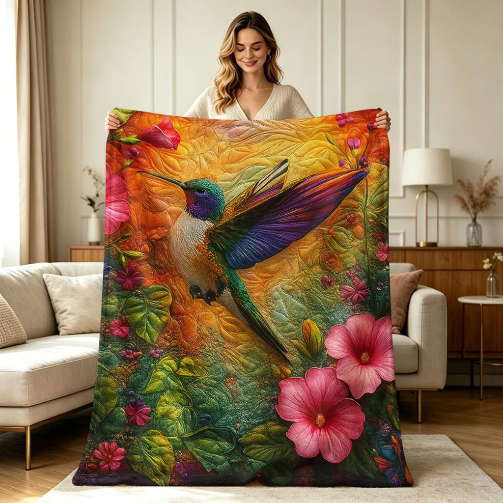 Soft Warm Flannel Blanket Hummingbird Floral Print All Season Throw Blanket for Couch Sofa Bedroom Office Living Room Home Decorative Cozy Lightweight