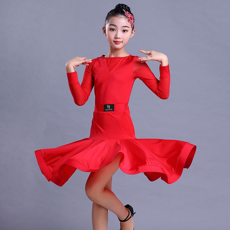 Girls  Autumn Long Sleeve Latin Dance Dress - One-Piece Performance and Practice Costume 130 cm