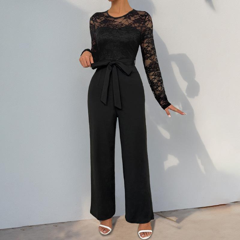 New Jumpsuit Lace Spliced Zipper Lace Solid Color Loose Jumpsuit