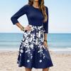Women's Fashion Casual Waistband Seven Sleeve Round Neck Floral Flowy Dresses