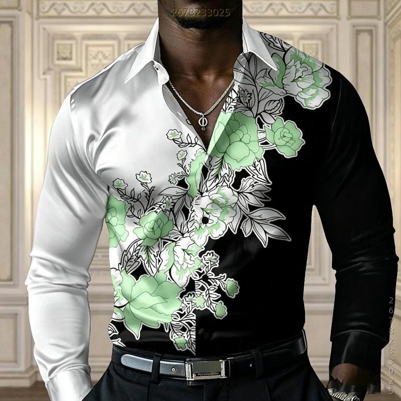 Men's Shirt with Contrasting Floral Print Long Sleeved Shirt, Fashionable Lapel Cardigan Shirt, Business Casual Men's Clothing