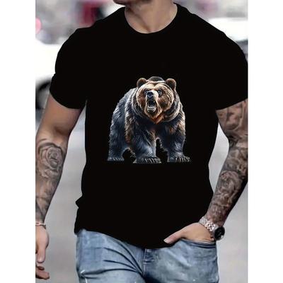 Tallas Europeas Hombre Verano Nueva Llegada Camiseta, con un Patrón Impreso de Oso Marrón Rugiente, Amantes de los Animales Salvajes, Cuello Redondo, Más Vendido