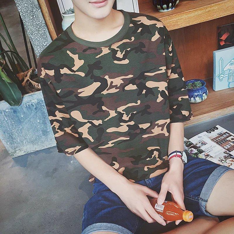 IELGY Ins Round Neck Loose Top Men's T-shirt Camouflage Trend Five-point Short-sleeved Large Size