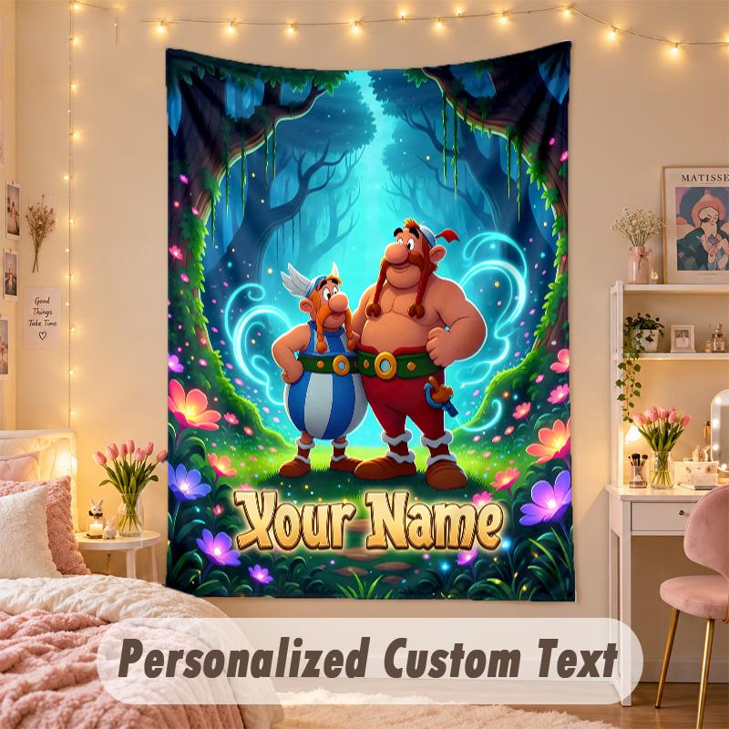 Custom Personalized Tapestry,Asterix & Obelix Print Custom Name Text Wall Art Hanging for Bedroom