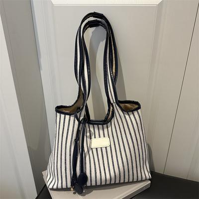 Large Capacity Tote Bag Women's New Versatile Canvas Striped Commuter Shoulder Bag Women's Casual Armpit Bag