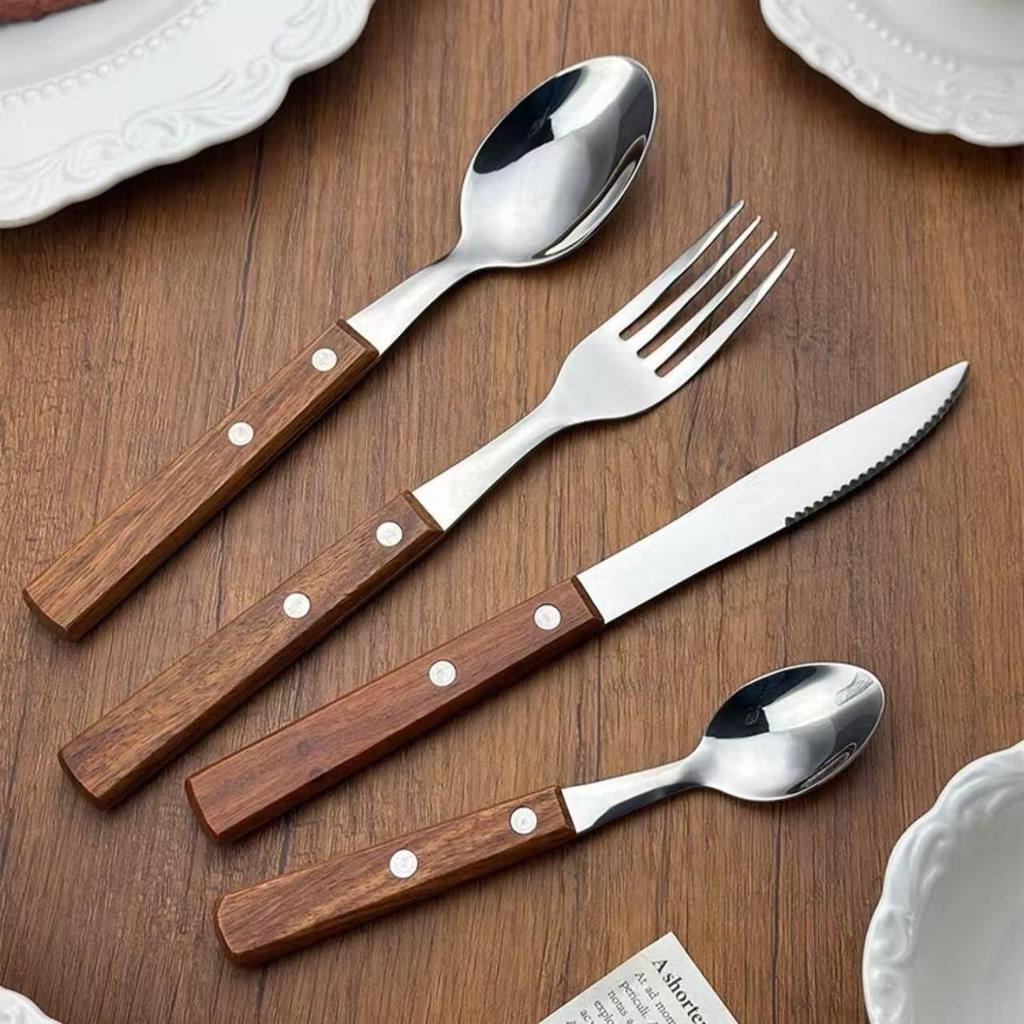 Japanese Korean Style Rosewood Handle Cutlery Set: 304 Stainless Steel Knife, Fork, and Spoon for Hotels and Restaurants