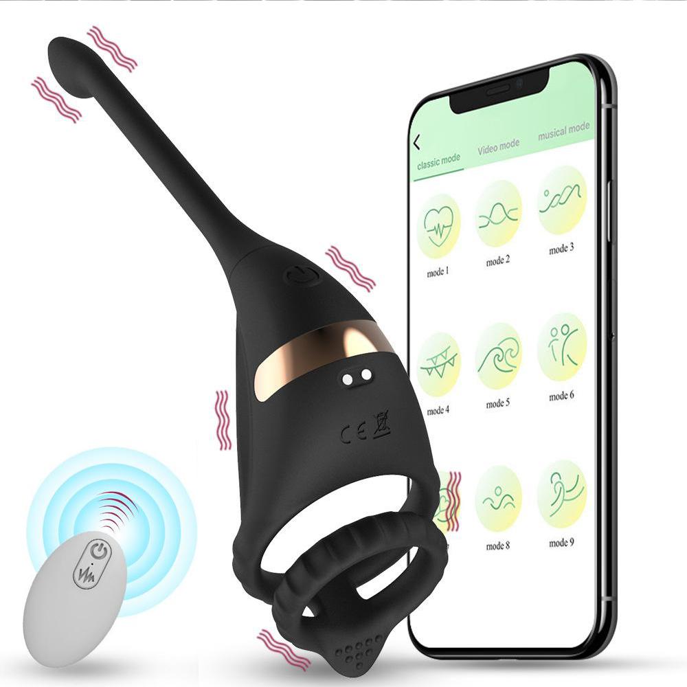 APP Controllo remoto Doppio anello Doppio shock Chiusura Cum Ring Plug anale Coppia vibratore Giocattoli del sesso Anello del pene remoto Prodotti per adulti