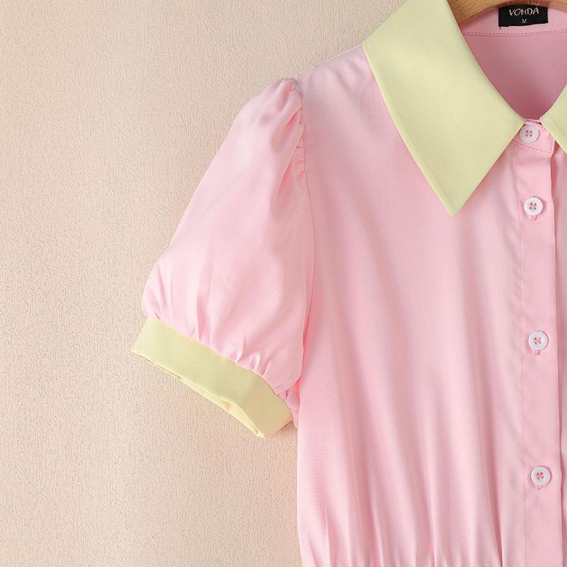 VONDA Summer Women Lapel Neck Short Sleeve Stitching Casual Pleated Dress