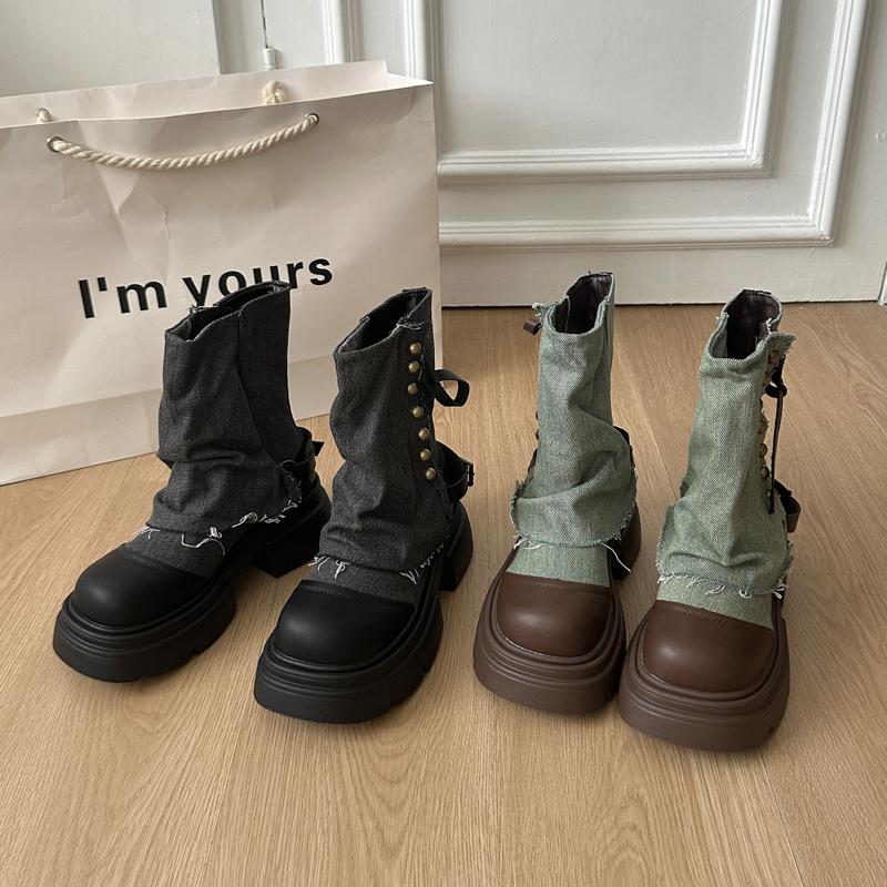 Fashion Chunky Women Ankle Boots Designer Platform Heel Shoes Autumn Winter Denim Short Booties Zapatos De Mujer