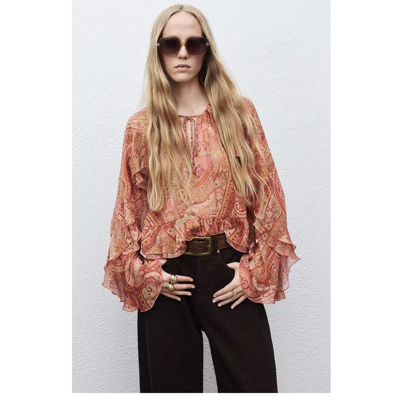 Zbzr Spring New Arrival Women's Clothing Fashion Style Round Neck Paisley Print Bell Sleeve Ruffles Loose Tops